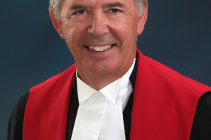 Man with salt-and-pepper hair wearing red, black and white judicial robes.